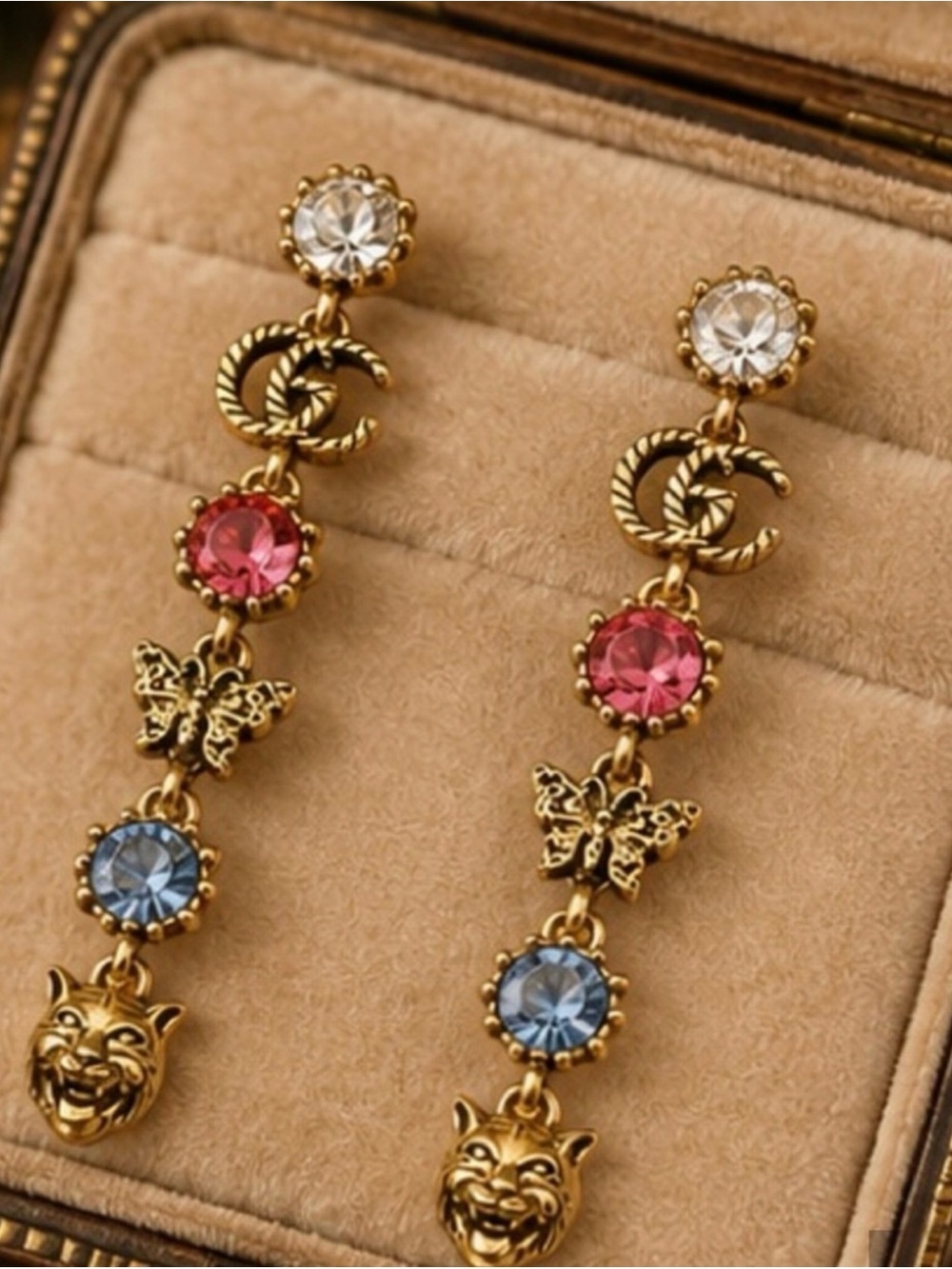 Gold Dangle GG Earrings with Crystals Designer Inspired